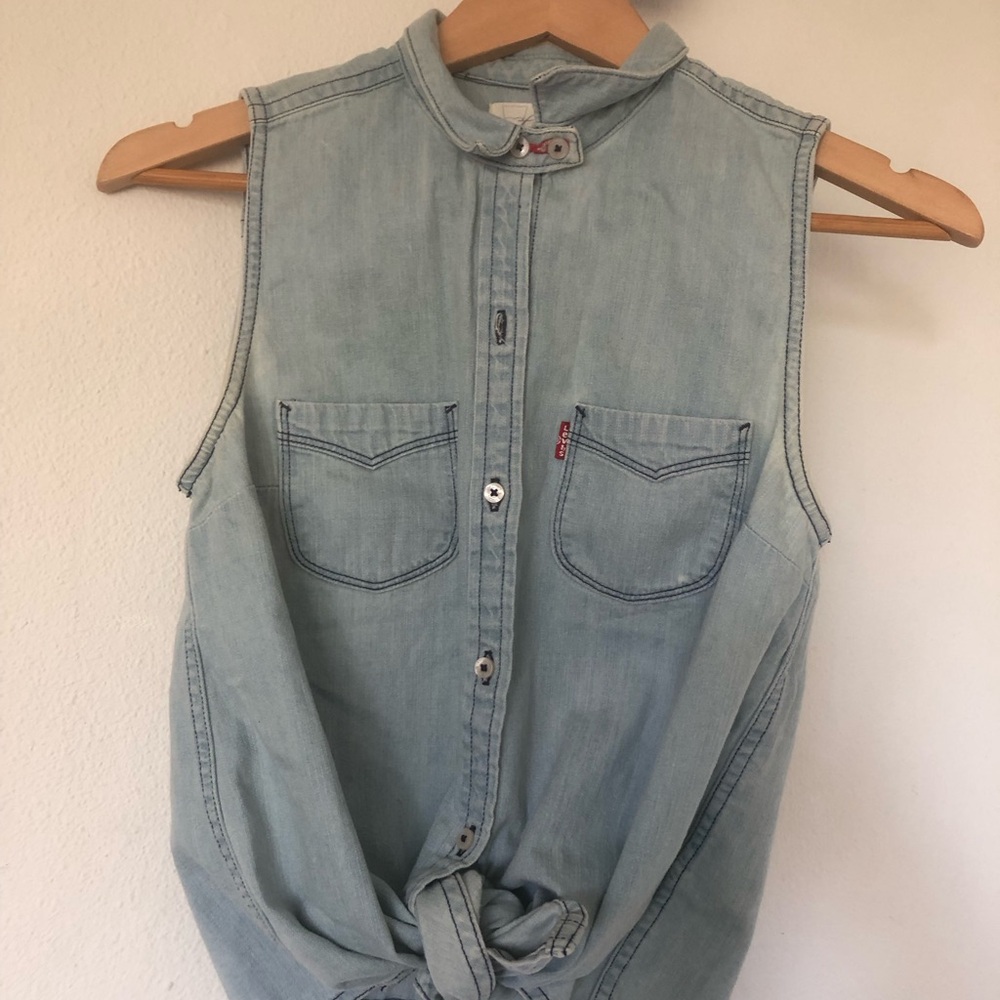 Levi's Light Blue Denim Sleeveless  Button-Up Top Twist Tie XS
